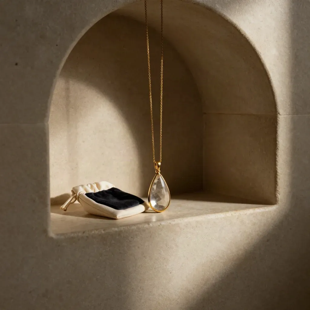 Gold pendant in a sunlit stone niche with soft arches and calm shadowed floor