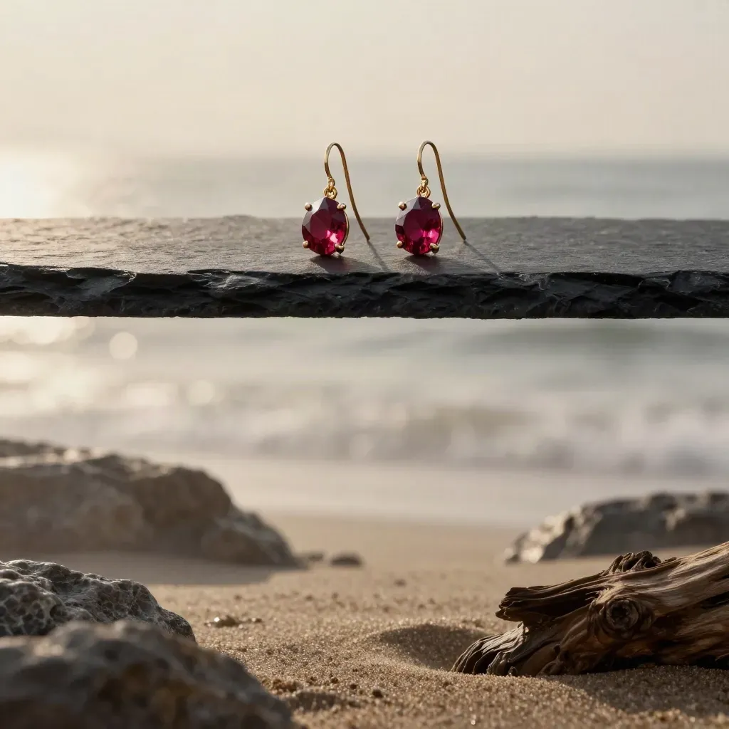 Ruby earrings on slate above misty coast at dawn, with soft sea spray and open space for copy.