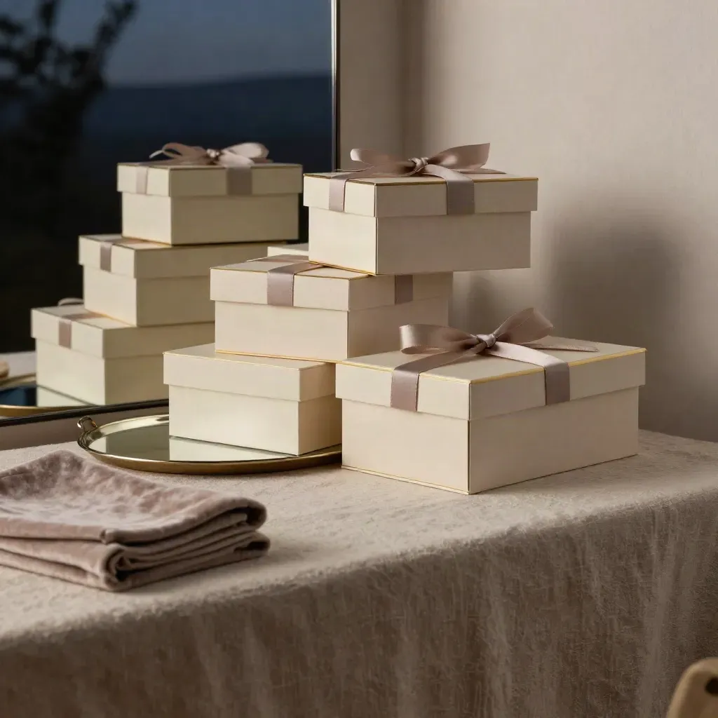Stacked ivory gift boxes, mirrored tray, and velvet cloth on a linen vanity in soft dusk light.