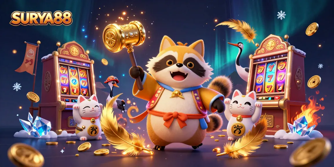 Engage with SURYA88 through a vibrant, animated casino scene featuring lucky characters and dynamic slots.