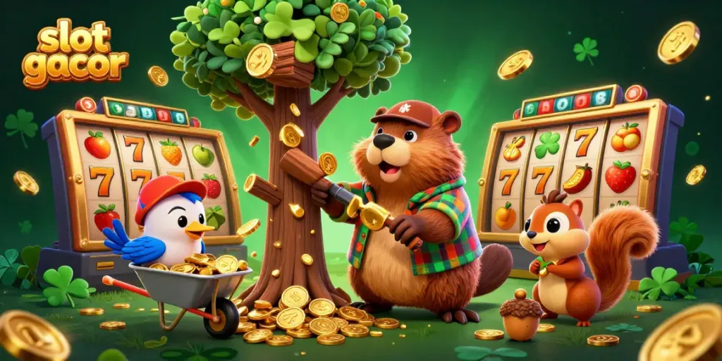 Experience winning excitement with slot gacor in this lively 3D casino illustration filled with gold coins and characters.