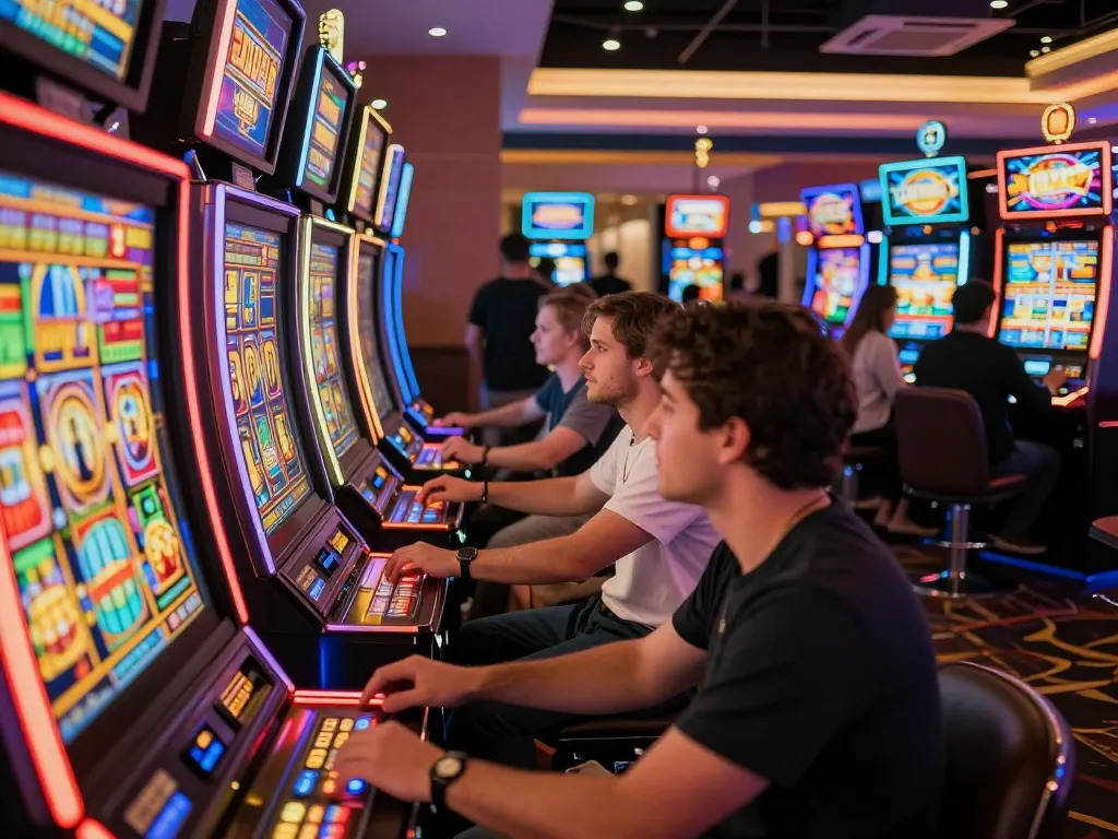 Players engaging with vibrant slot machines at a busy casino, showcasing agen slot excitement.