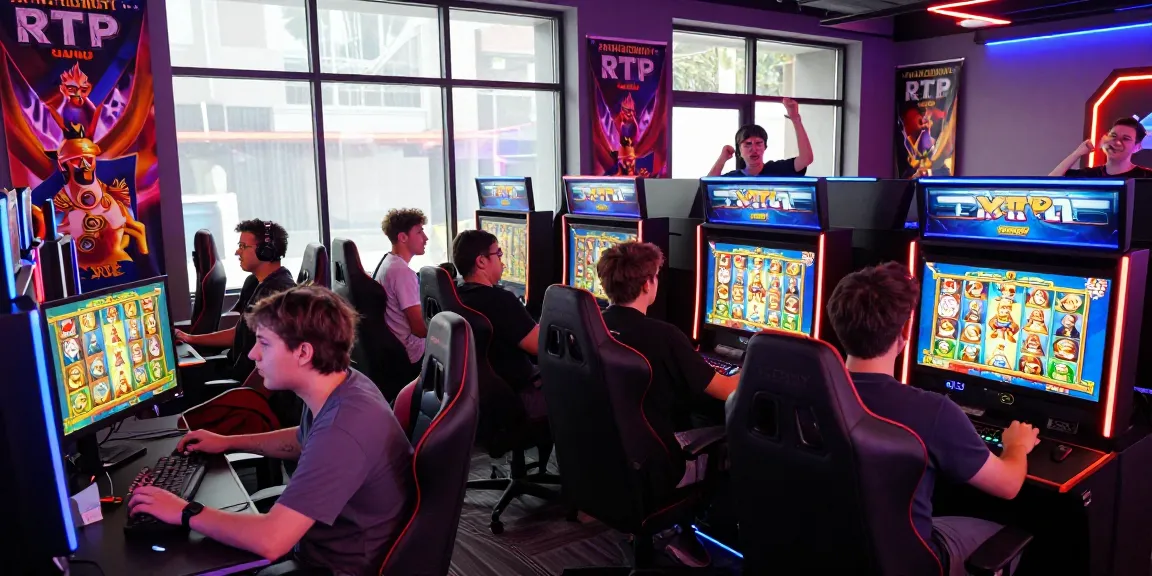 Engaged players enjoying zeus slot in a vibrant gaming lounge with colorful screens.