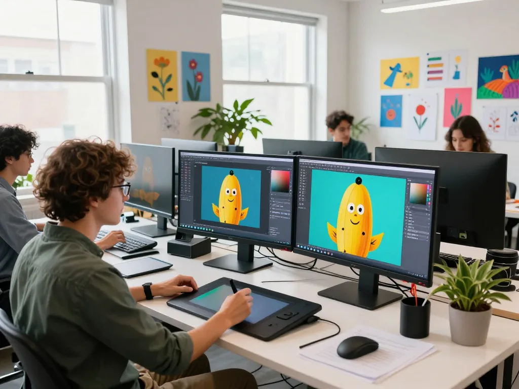 Artist using nano banana AI image editor in a vibrant digital workspace with creative elements.