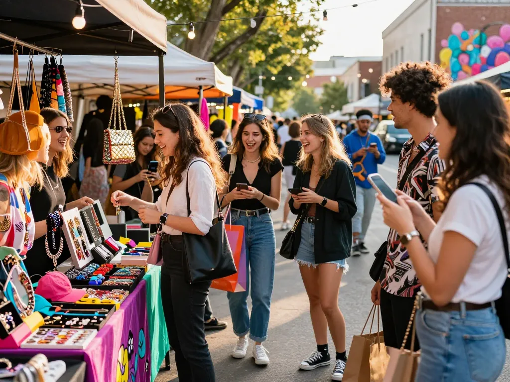 Engaging urban shopping scene with friends exploring 레플리카 fashion items in a vibrant market setting.