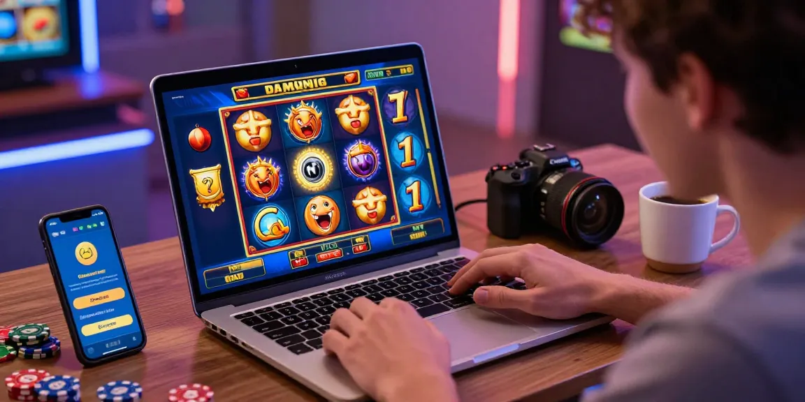 Engaged player at laptop enjoying slot deposit 5k gaming, vibrant graphics and energetic atmosphere.