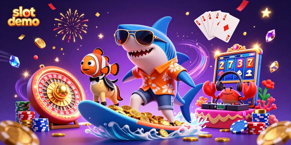 Experience thrilling slot demo action with a playful shark and sparkling casino elements.