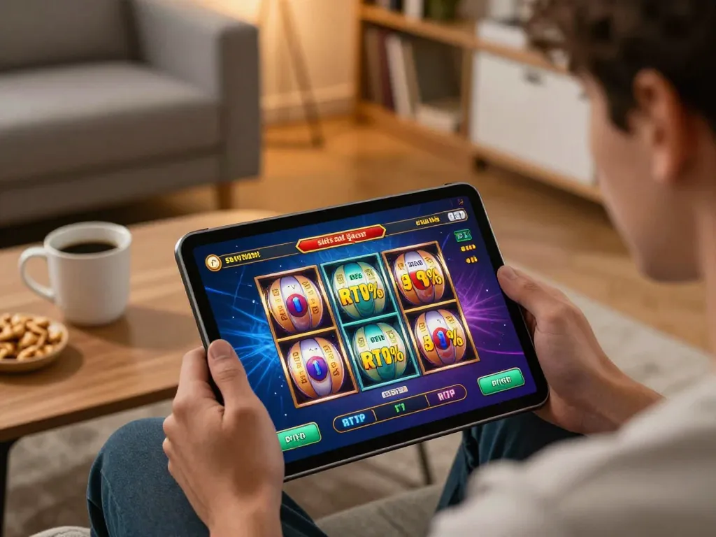 Engaging slot gaming moment on situs slot gacor with vivid RTP displays in a cozy living room.