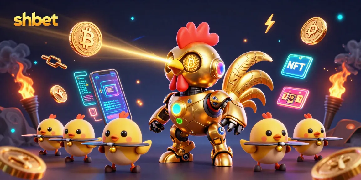 Engage in shbet casino games with the futuristic golden rooster robot leading energetic baby chick drones.