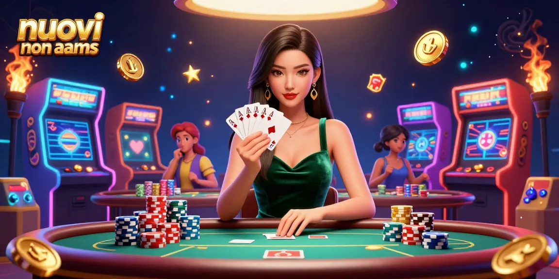 Scopri le emozioni dei nuovi casino non aams con una donna straordinaria a un tavolo da poker circondata da elementi di gioco vivaci.