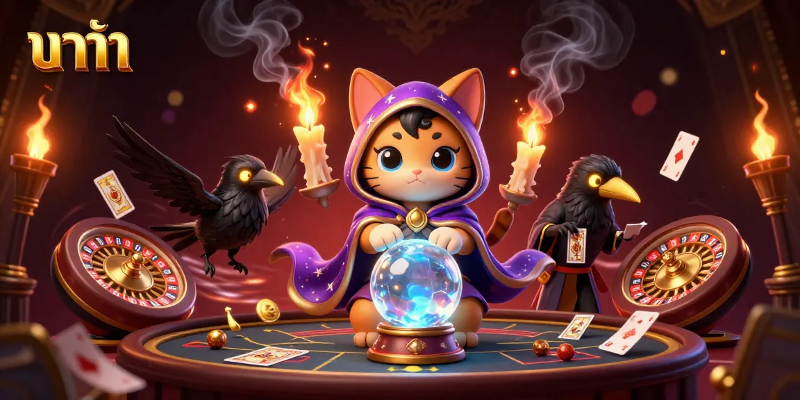 Baccarat game visual featuring a mystic cat, raven, and live casino elements like baccarat tables and cards.