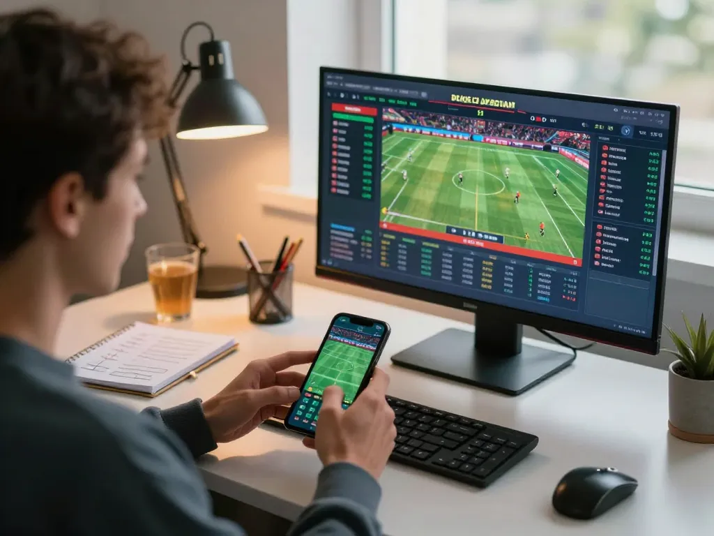 Engaged gambler utilizing qq88 smartphone app for real-time sports betting.