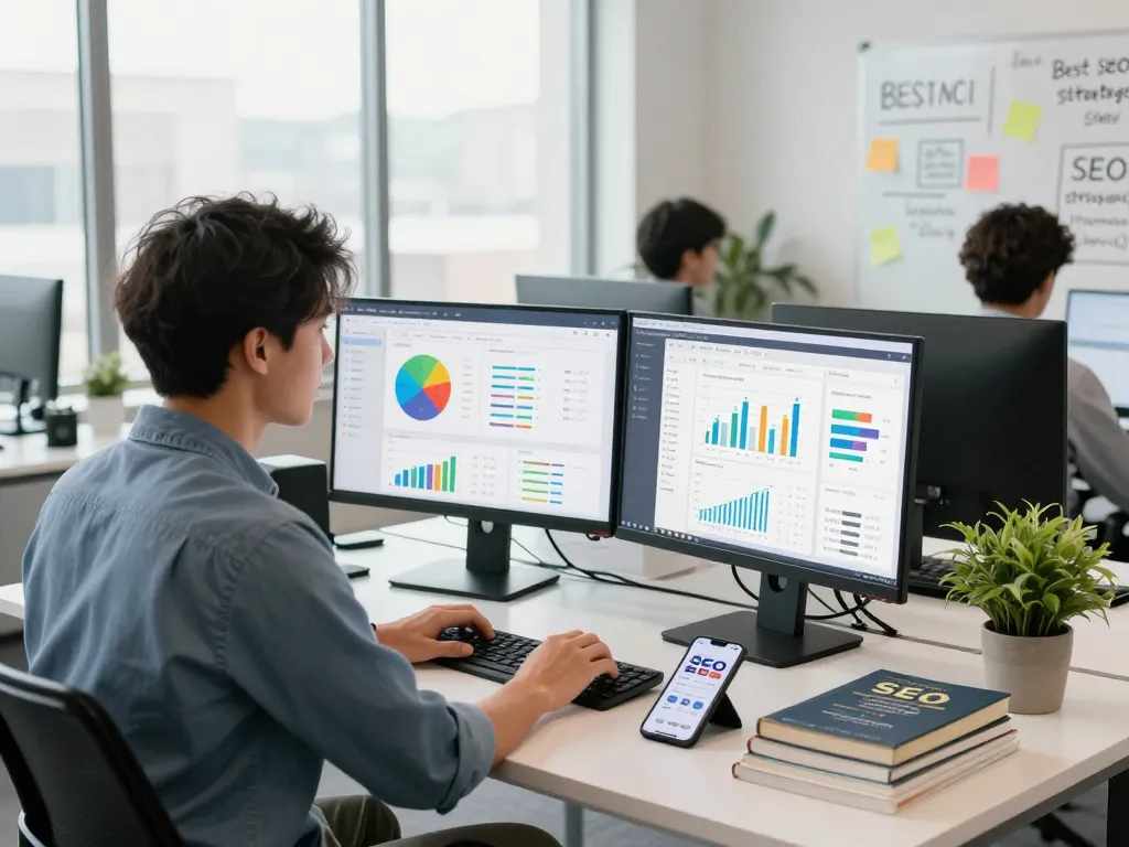 SEO specialist analyzing data in a modern office, showcasing the Best SEO Company NYC.