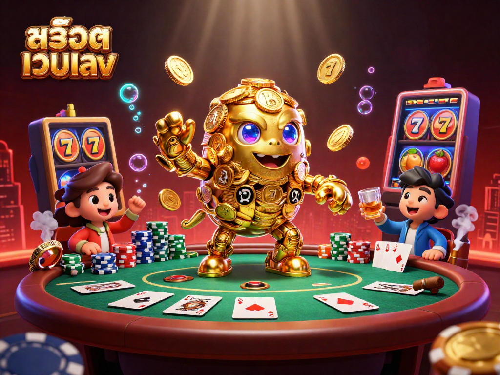 Engage with สล็อตเว็บตรง through a dynamic poker scene with vibrant 3D graphics featuring a golden golem.