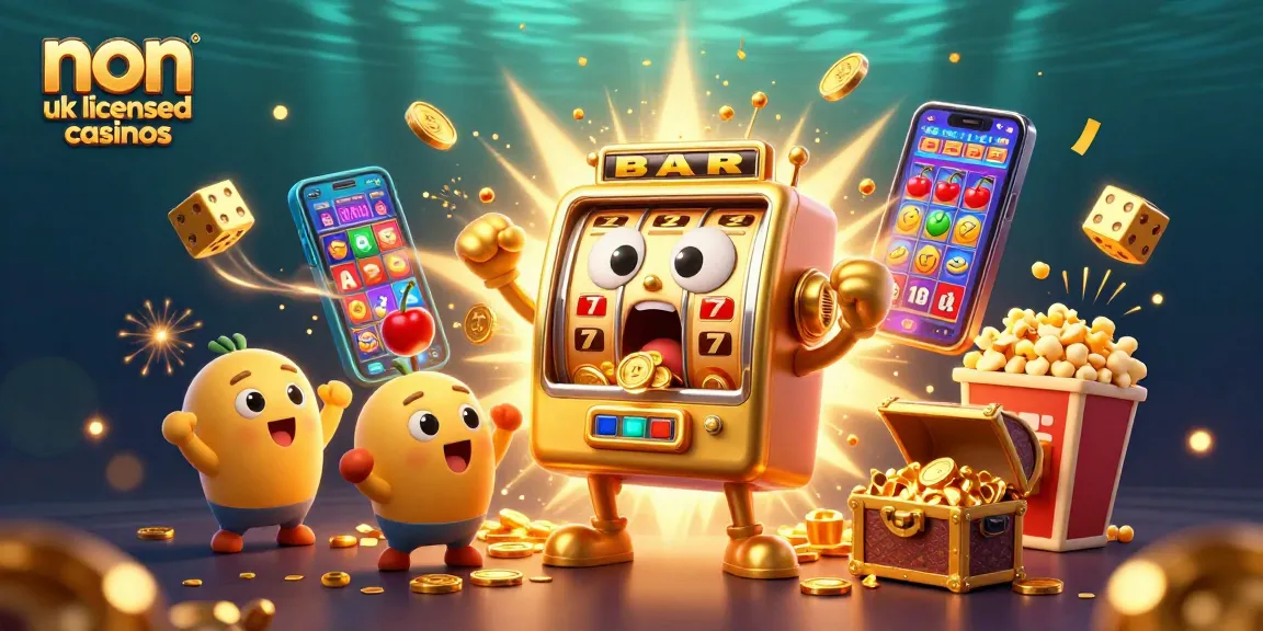 Experience non uk licensed casinos with an exciting slot machine jackpot scene filled with coins and cheering machines.