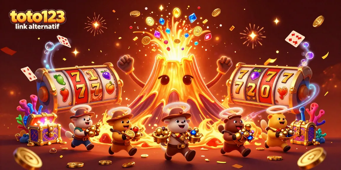 Toto123 link alternatif showcases a dynamic scene of a golden volcano erupting with coins and gems, representing jackpot excitement in gambling.
