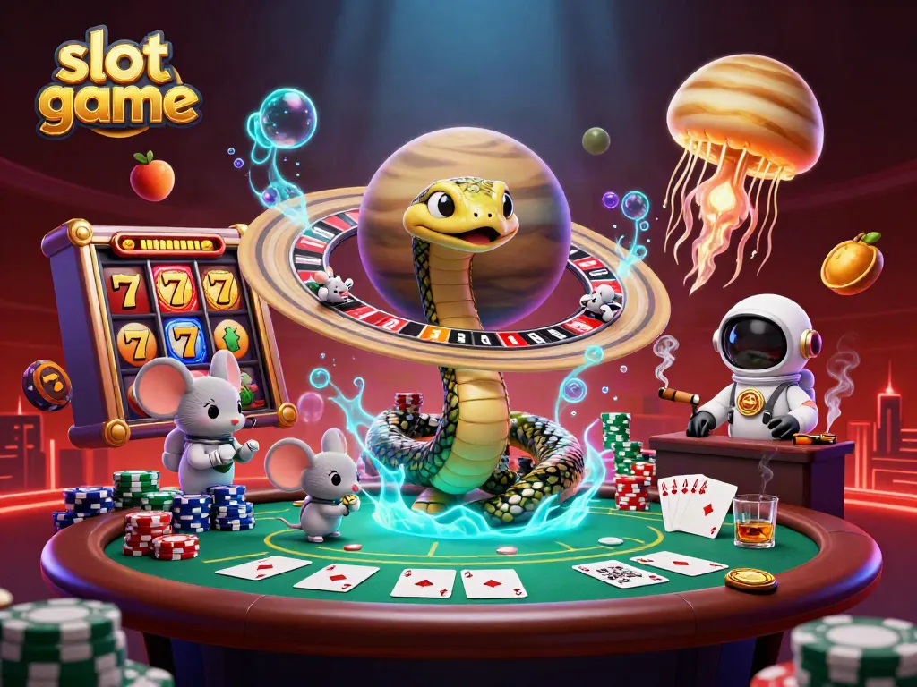 Spin the slot game with a coiled Saturn snake and cosmic dealer amidst vibrant casino action.
