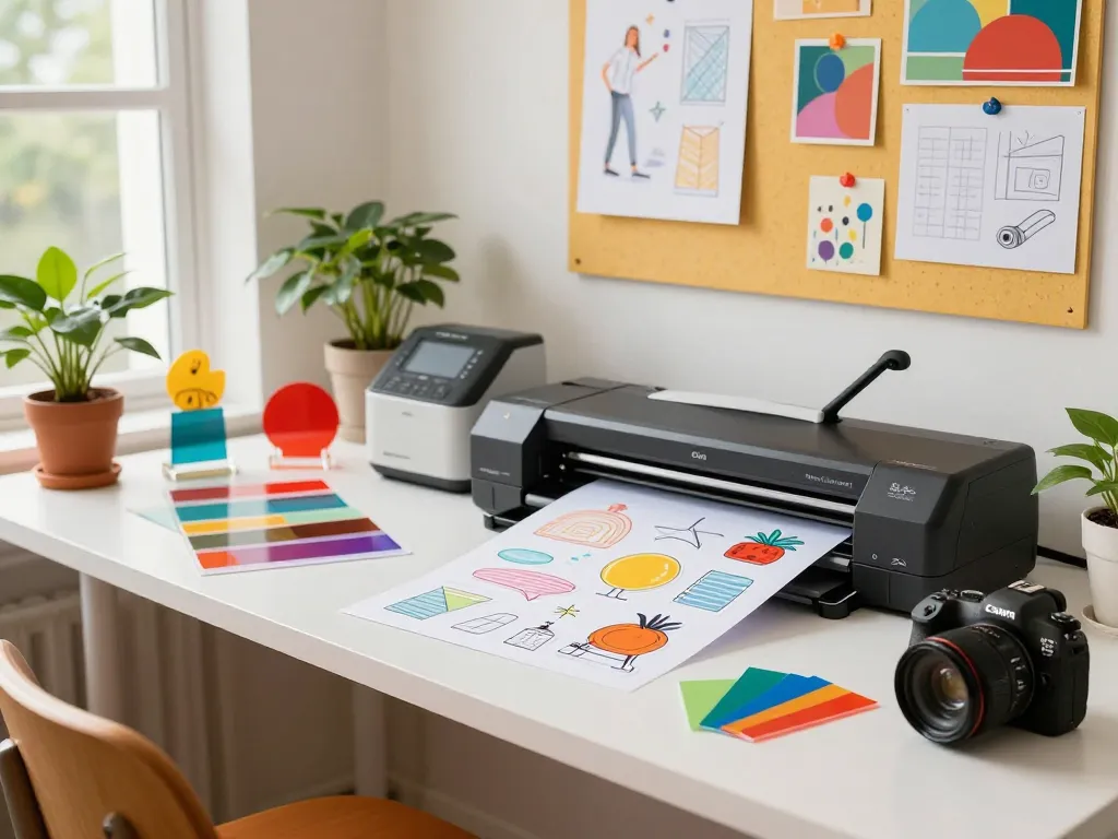 Custom acrylic standee design process in a vibrant creative workspace.