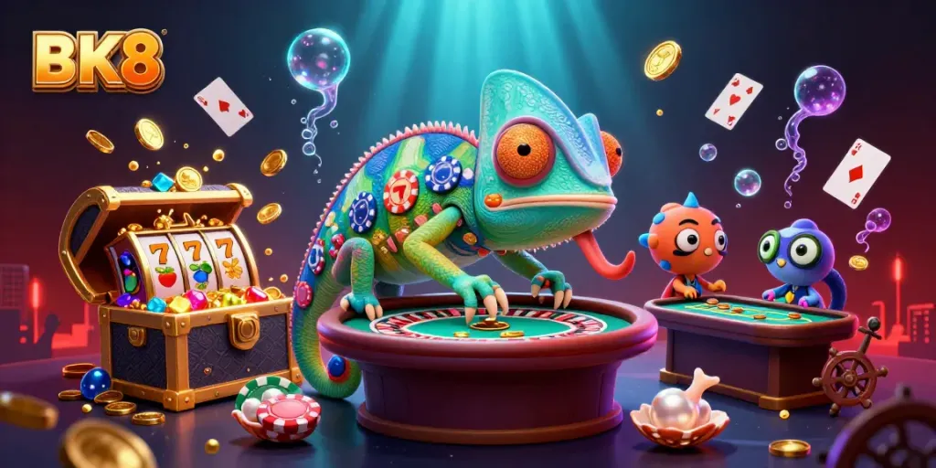 Engage with BK8's thrilling casino atmosphere through vibrant chameleon character and dynamic gaming elements.