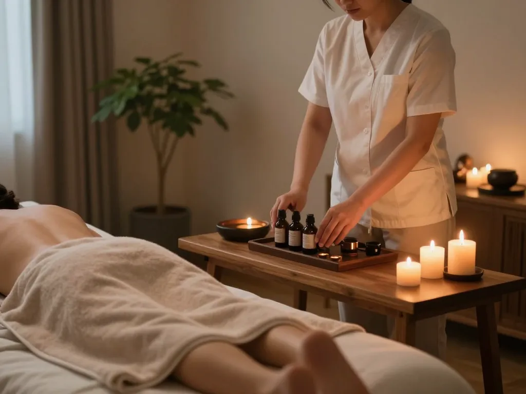 Relaxing 인천 출장마사지 scene in a serene hotel room, with a therapist preparing oils and a client at ease.