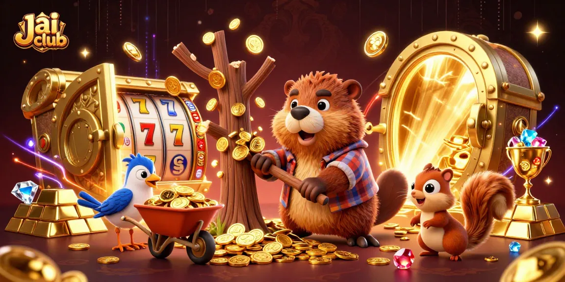 Engage in thrilling games like Jai club, with a lively scene of beaver collecting coins and slot elements.
