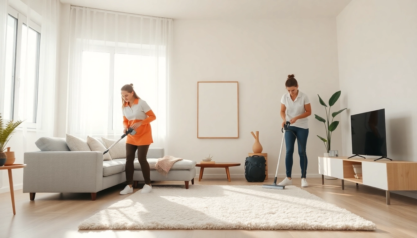 Engaging cleaning service team revitalizing a modern home with expert care and attention.