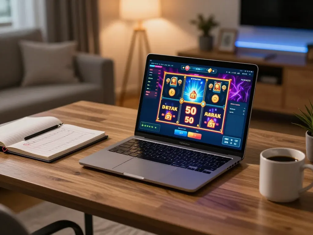 Experience apk slot bet 50 perak deposit 5000 in a cozy home gaming setup with an engaging online slot display.