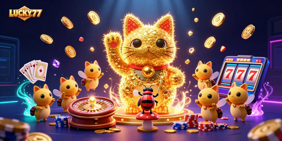 Experience LUCKY77 with a vibrant 3D casino scene featuring a lucky cat and dazzling game elements.