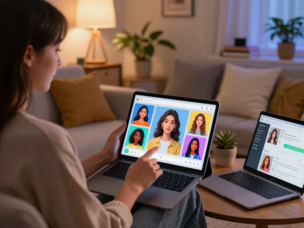 Engaging with an AI girlfriend chatbot in a cozy living room, showcasing personalized avatars and vibrant digital interaction.