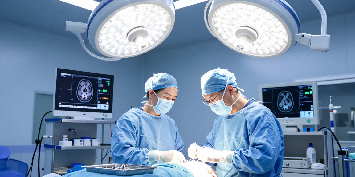 Focused beyin tümörü ameliyatı scene showing skilled neurosurgeons operating in a modern hospital.