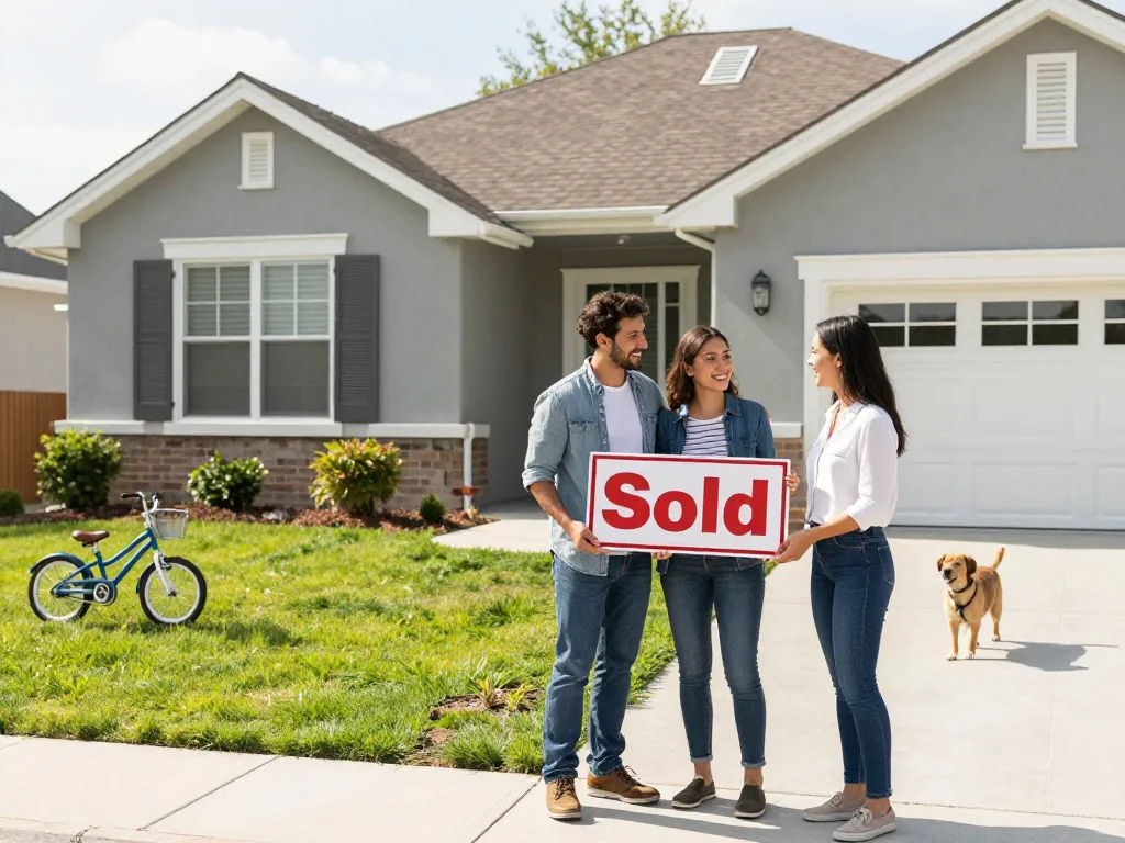 We buy houses for cash, happy couple holding sold sign in front of their home.