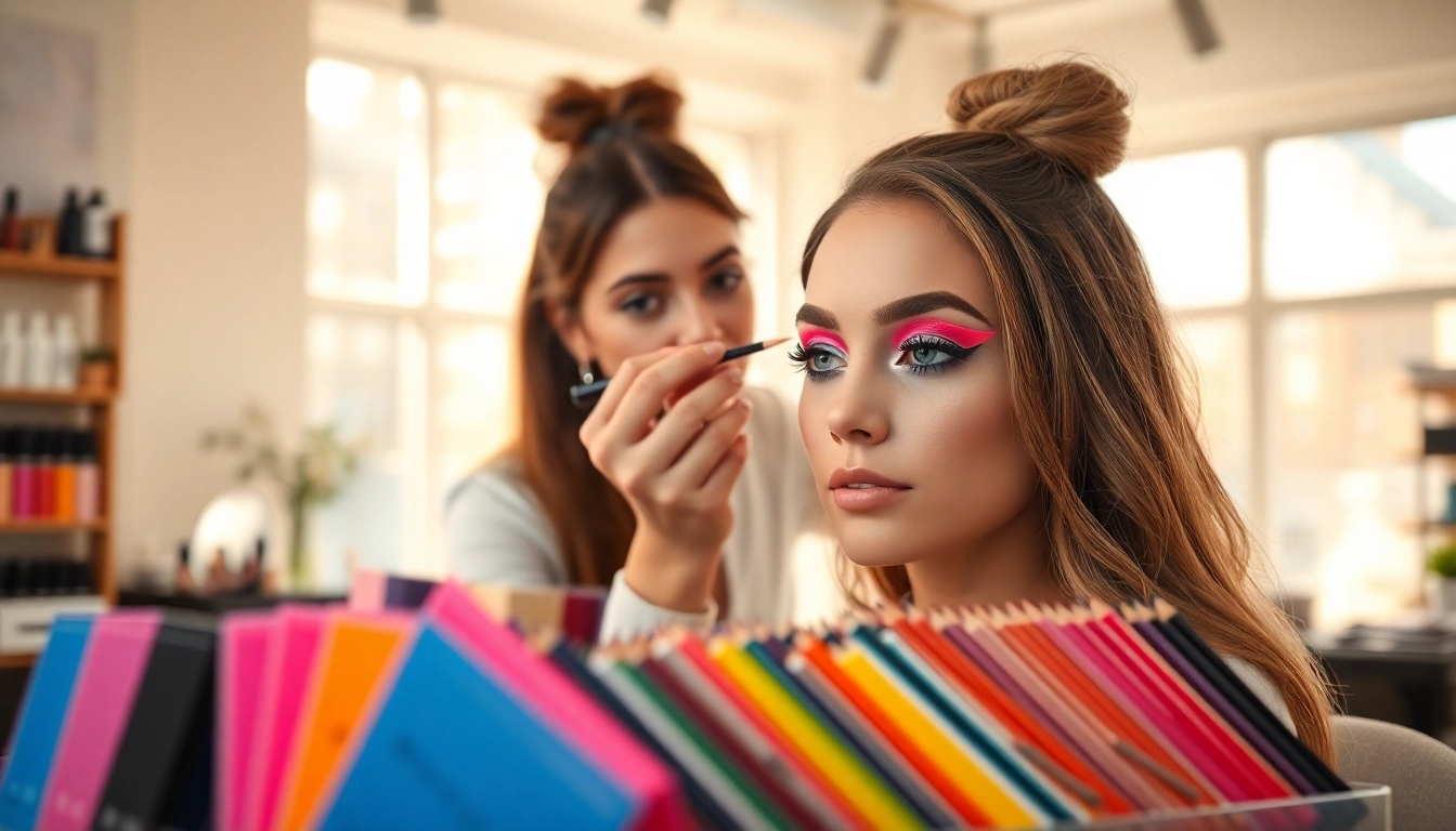 Applying an eyeliner stencil for perfect eye makeup in a vibrant setting.