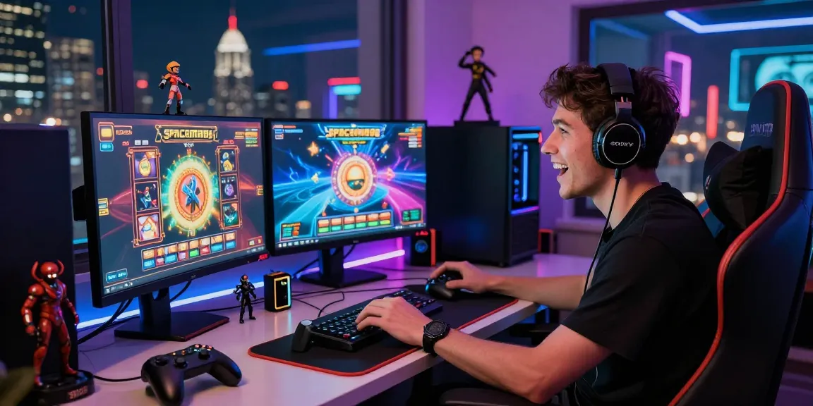Gamer engaging with Spaceman88 slot game on multiple monitors in a vibrant gaming setup