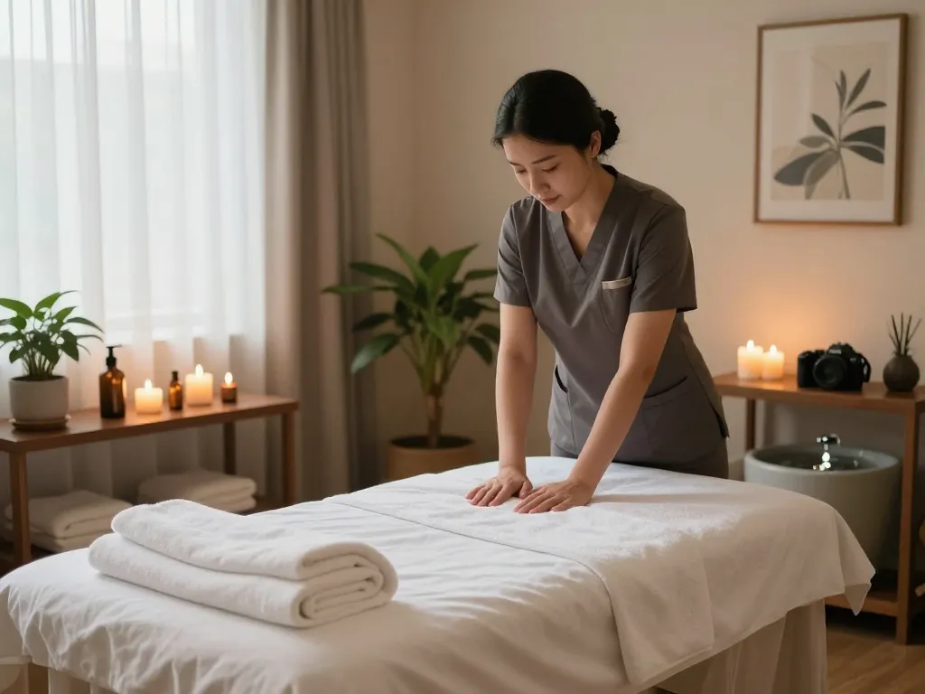 Relaxing massage therapy setting at a spa focusing on 역삼동마사지 experience, with soft lighting and calming decor.