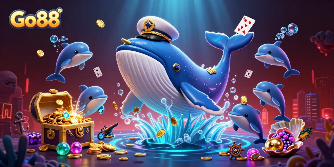 Experience the thrilling world of Go88 with cartoon characters diving into a treasure trove of coins.