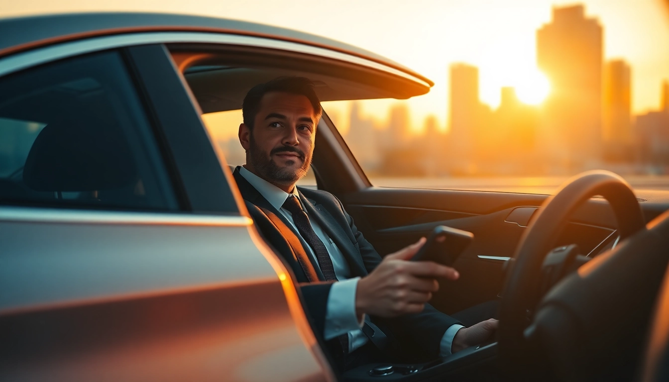 Experience Chauffeur Hire with a professional driver in a luxury sedan against a city skyline.