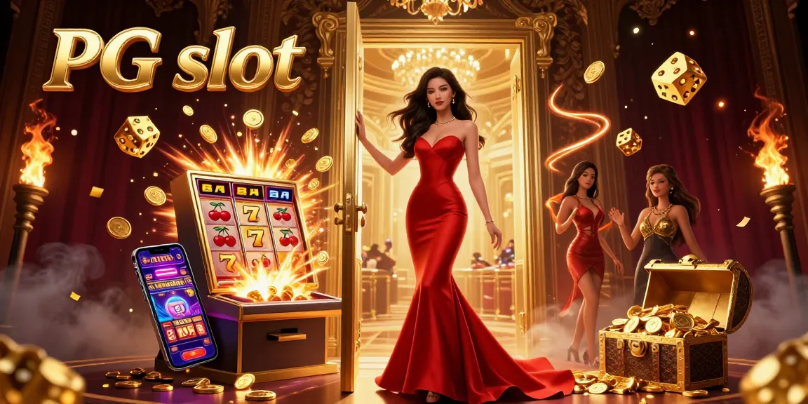 Immerse in the thrilling PG slot scene with a glamorous woman amidst jackpot excitement and casino elements.