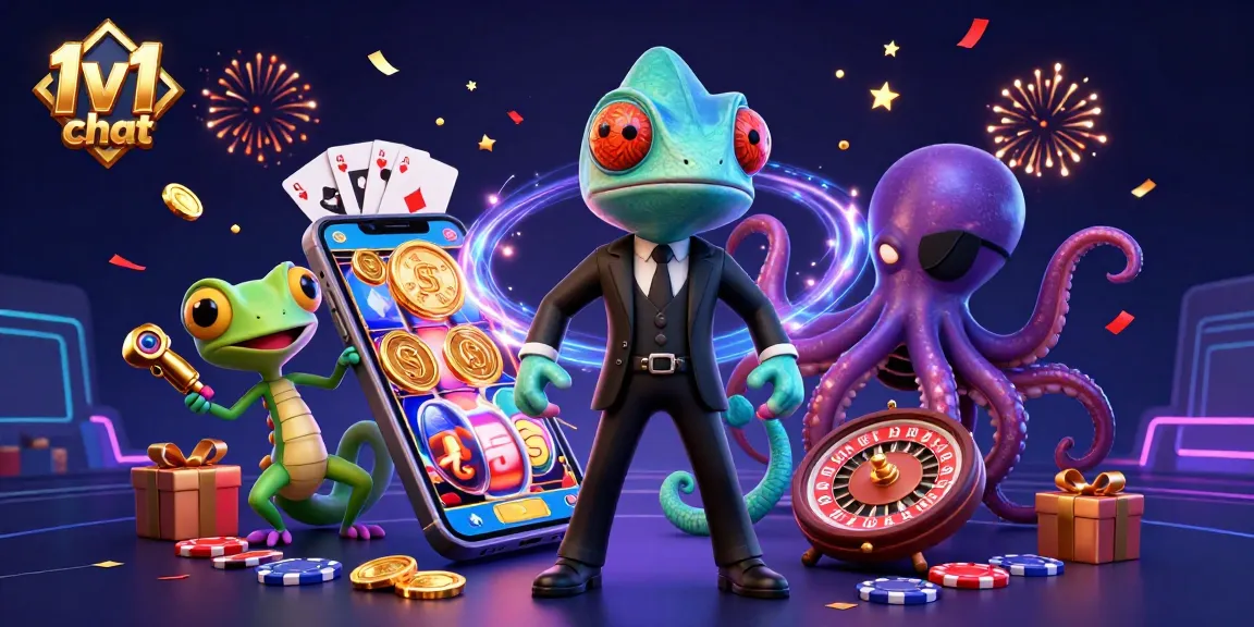 Engage in exciting 1v1 chat with vibrant animated characters and casino elements.
