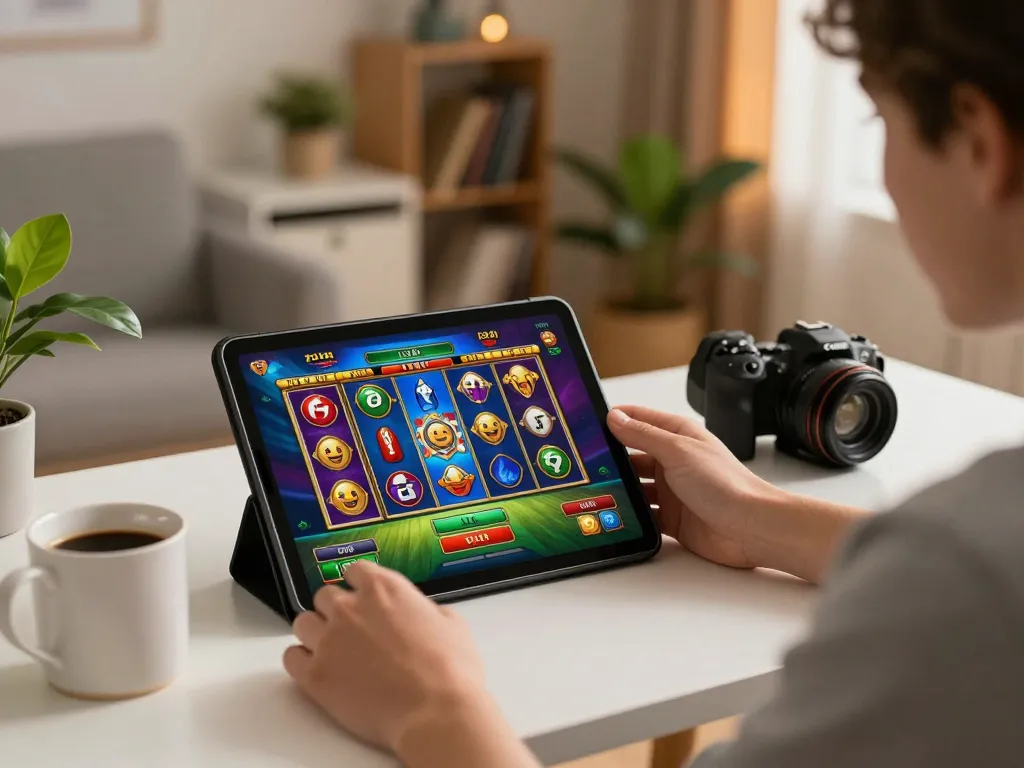 Engaging in online slot gameplay on tablet, discovering oli4d alternatif gaming options with cozy setup.