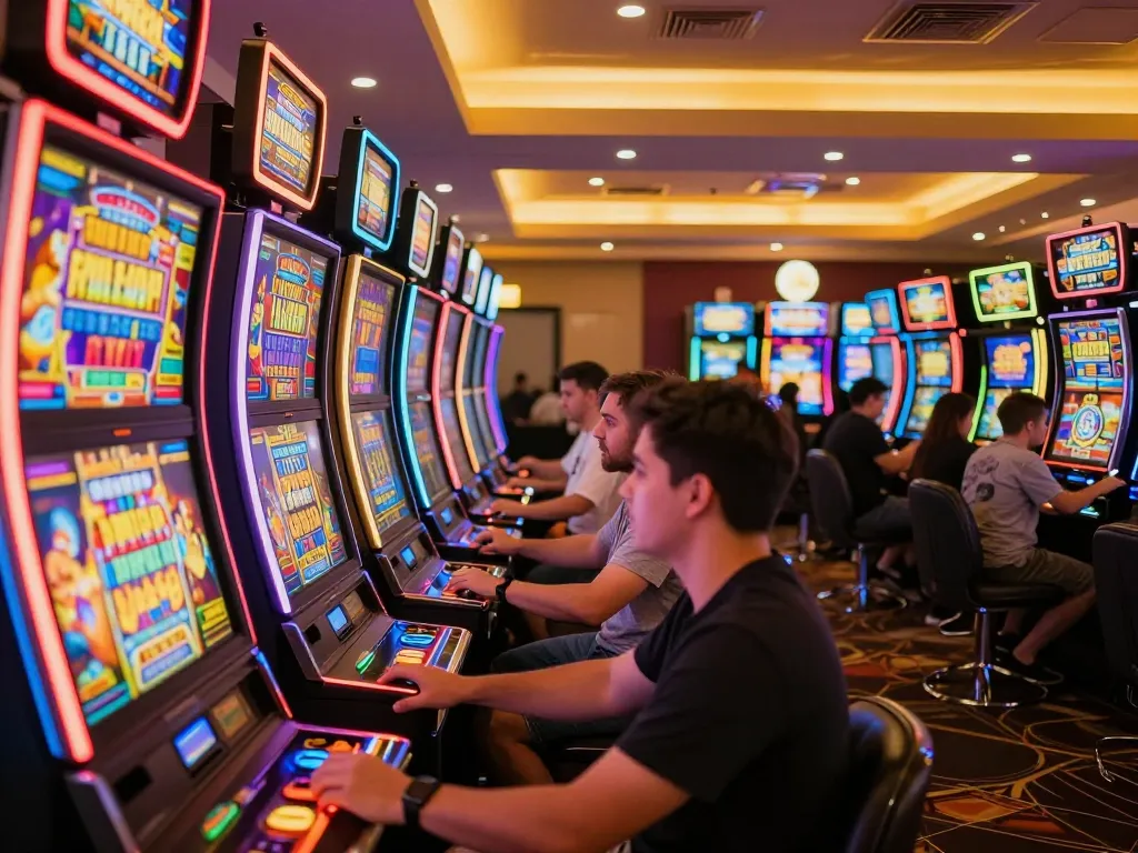 Players enjoy slot gacor machines in a vibrant casino, celebrating wins and engaging with colorful displays.