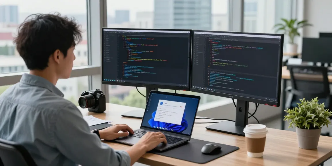 Developer coding telegram中文版 interface in a modern tech workspace.