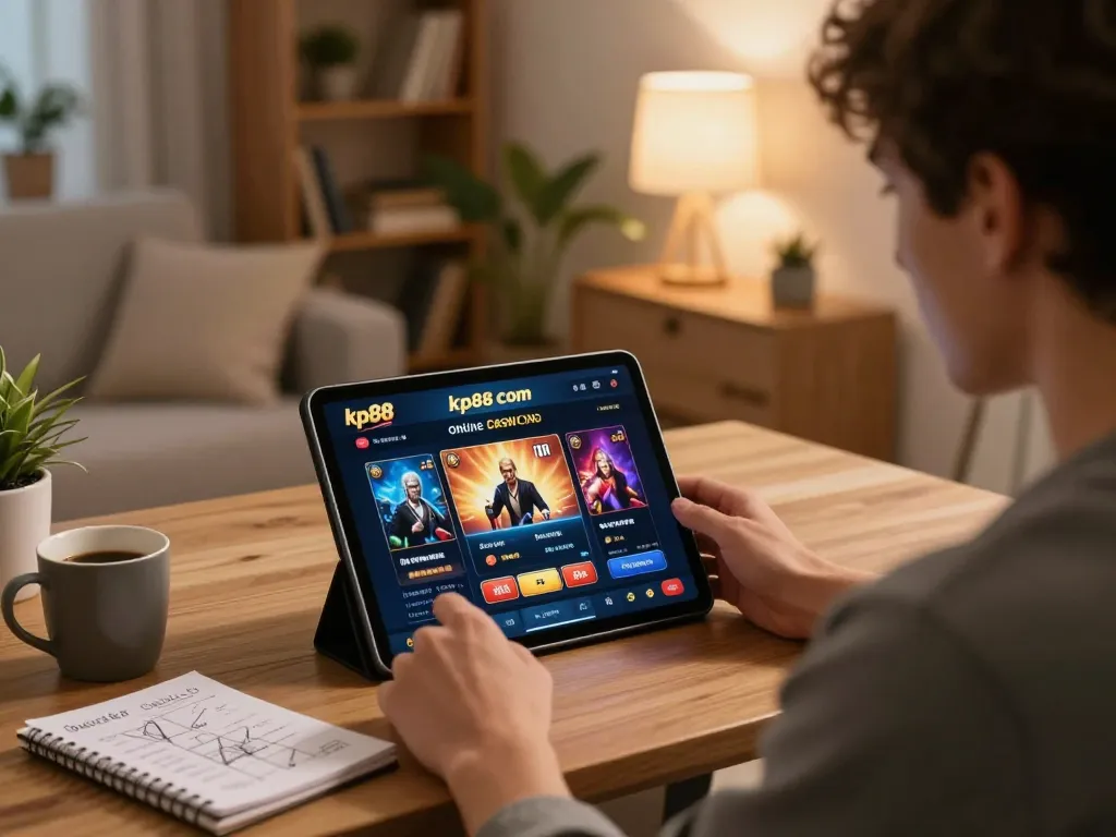 Engaged user on kp88 com playing online casino on tablet in cozy living room setting