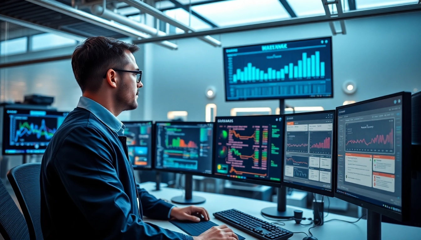 IT technician monitoring systems with Remote Monitoring and Management (RMM) software in a modern office.