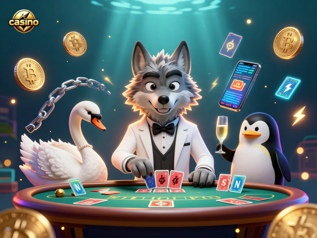 Experience an exciting casino scene with a wolf, swan, and penguin amidst crypto elements.