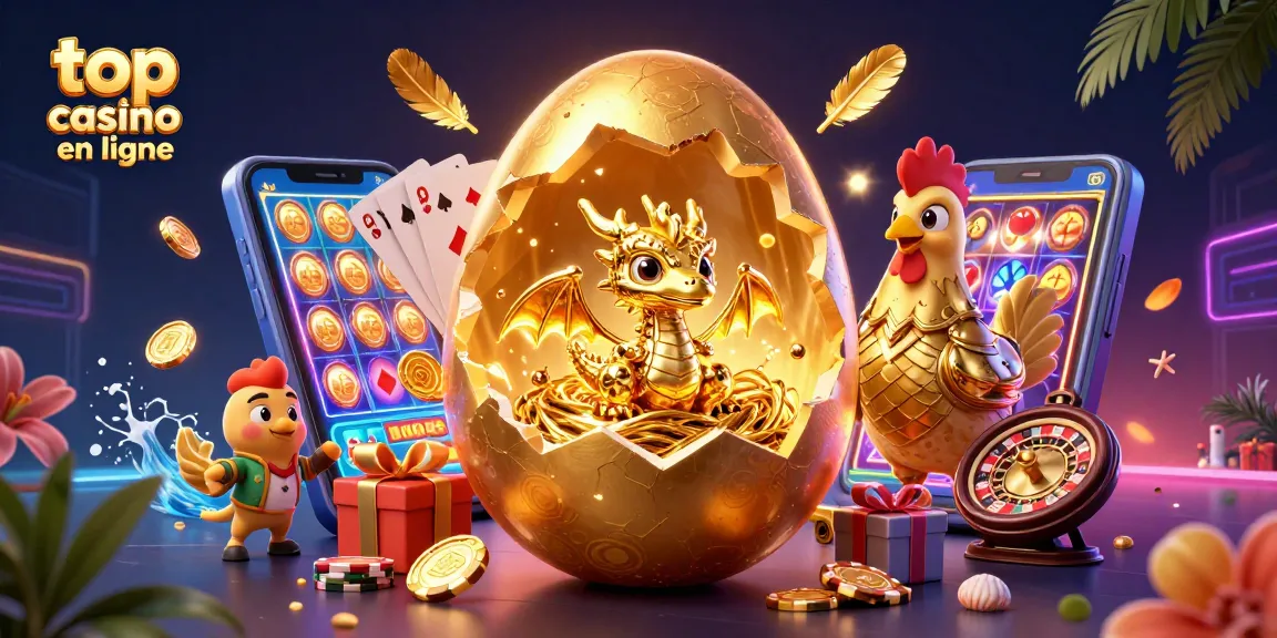 Top casino en ligne, événement magique avec dragon doré, jetons de poker et jeux de casino colorés.