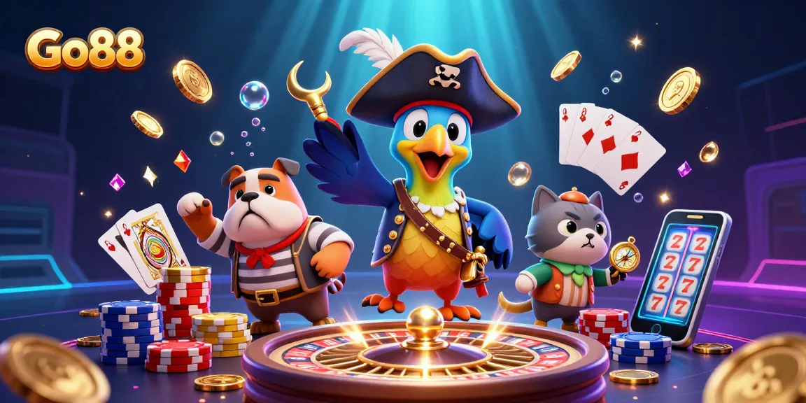 Experience the excitement of Go88 with pirate-themed characters and vibrant casino elements in a dazzling scene.