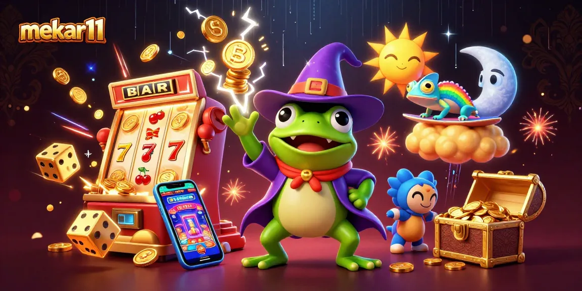 Experience thrilling gaming with mekar11 as a frog wizard conjures coin storms amid vibrant casino chaos.