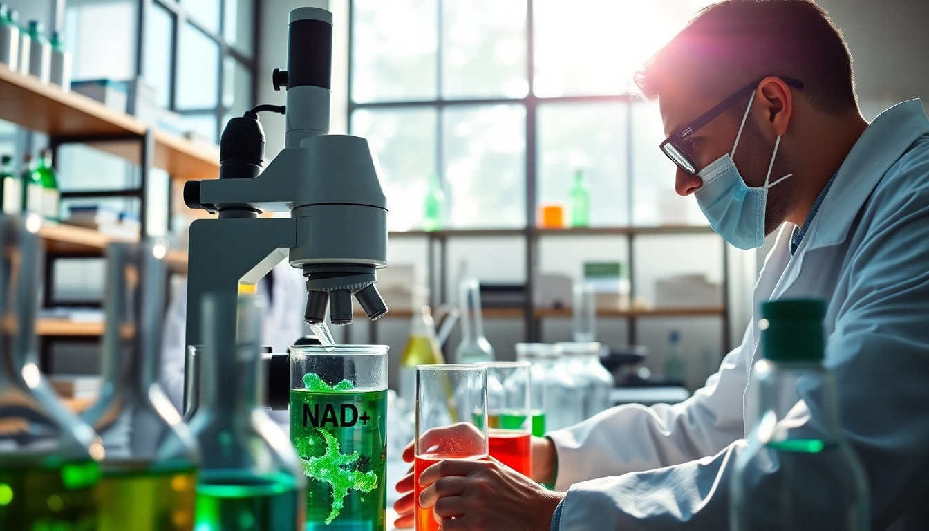 Investigating NAD+ molecules in a modern laboratory, highlighting scientific innovation.