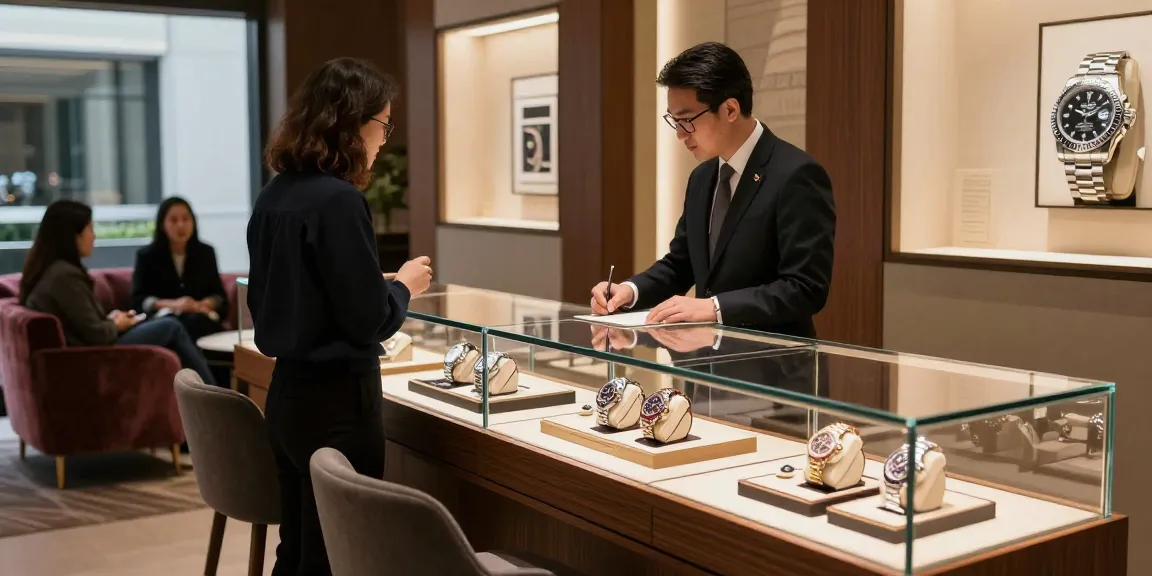 Luxury rolex replica watches on display in an upscale store setting, showcasing exquisite craftsmanship and attention to detail.