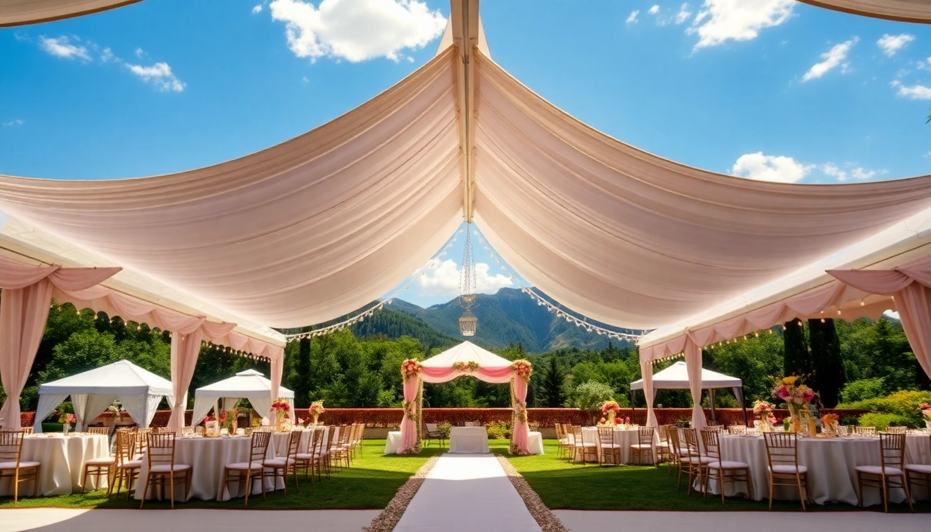 Tent Rentals elegantly set for an outdoor wedding with lush greenery backdrop and beautiful decorations.